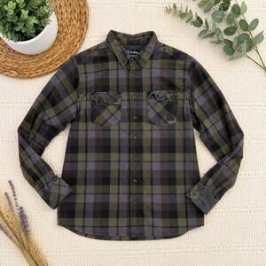 KAVU Plaid Flannel Button Down Shirt Large Green Gray Outdoor Casual